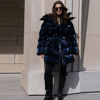 Frauen Glänzend Herbst Winter Mit Kapuze Baumwolle Gefütterte Jacke Lose Lange Hülse Spitze Up Warme Mantel 2025, Neue Dame Mode Party outwear