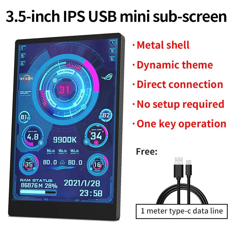 3.5 / 5 Inch IPS Type-C Secondary Screen Mini Computer USB Display CPU GPU RAM HDD Monitor with Holder Metal Case No Use AIDA64.