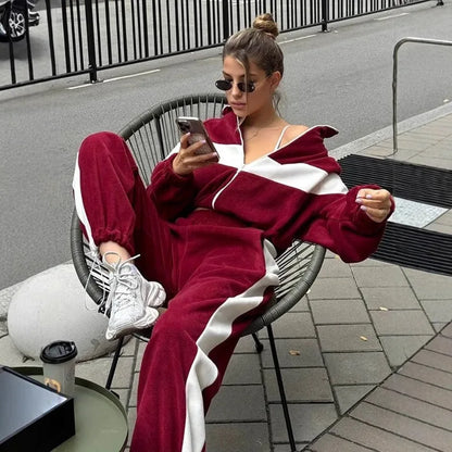 Women's Ready Zip Front Set Street Style Lightweight Hoodie & Pants Two Piece Sports Casual Fashion Loose Outdoor Outfit.