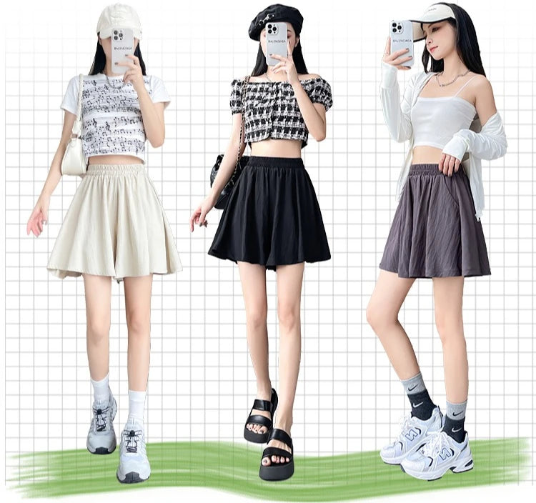 Women Quick Dry Sporty Short Pants Summer Thin Pleated Shorts Skirts High Waist A- Line Five Quarter Pants Cool Wide Leg Pants.