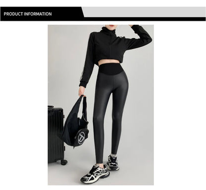 BIVIGAOS Herbst Neue Enge Stretch Leder Hosen Frauen Sharkskin Hohe Taille Spleißen PU Leder Fleece Sexy Leggings Winter Warm