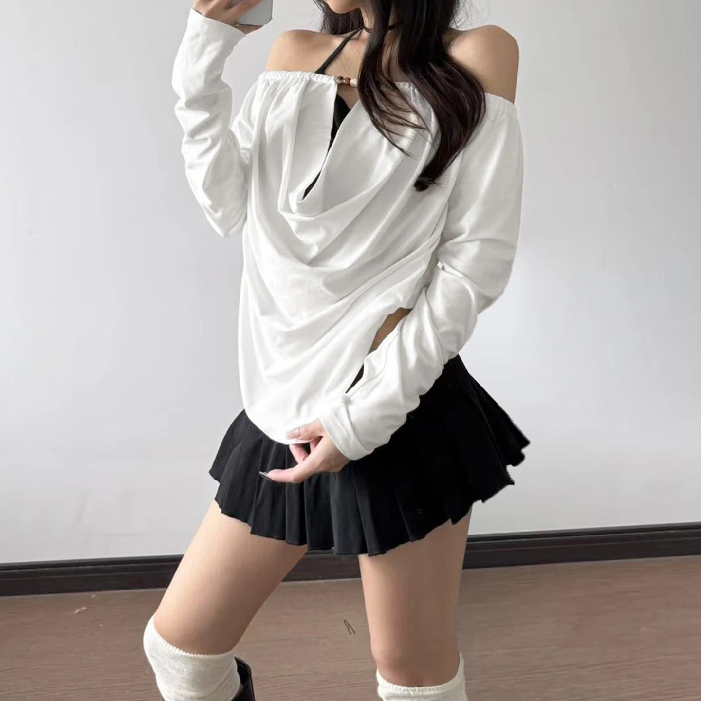 2025 Autumn Winter Women Korean Fake Two Pieces Slash Neck Top 2000s Long Sleeve T-Shirt Kpop Tees Y2k Design Coquette Gyaru New.