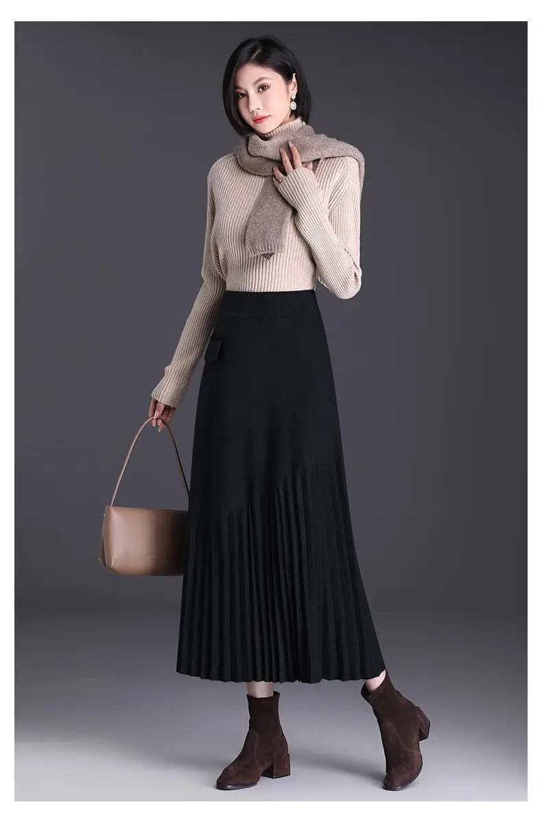 Temperament Autumn Winter New Skirts Women Solid High Waist Pleated Fashion Office Lady A-line Mid-length Knitting Pleated Skirt.