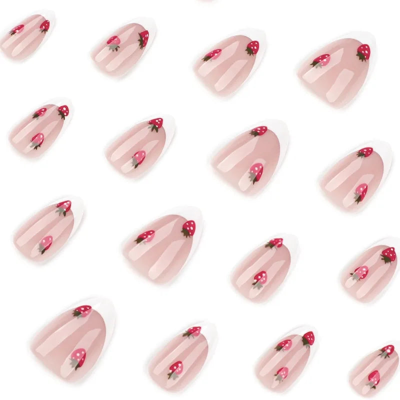 24 Pcs French White Press on Nails Cute Short Almond Self-nail Strawberry Decorations for Nail Tips False Nails with Sticky Tabs.