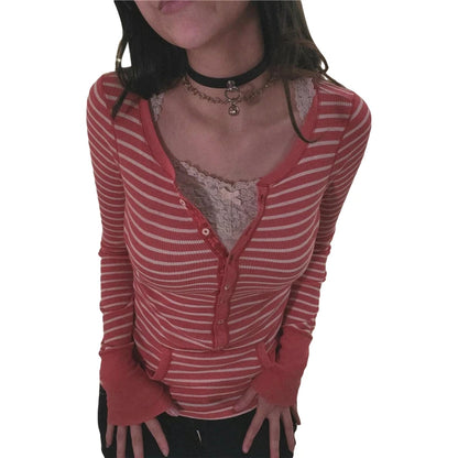 Y2K Grunge Emo 00s Vintage T Shirt Black Grey Striped V Neck Long Sleeve Jumper Tops Chic Women Autumn Retro Mall Goth Tees.