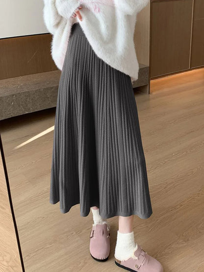 Sweet Vintage Knitted Long Skirts Women Preppy Style High Waist Loose A Line Skirts Fall Winter Retro Simple Elegant Long Skirts