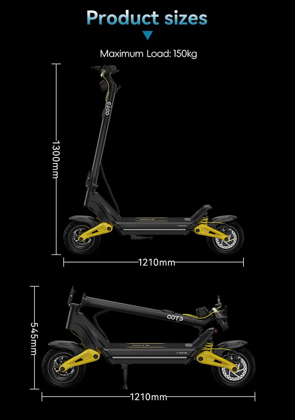 OOTD S10 Folding Electric Scooter 10 Inch Tires 1400W Motor 25km/h Max Speed 48V 20Ah Battery for 60-70km Range 120KG Max Load.