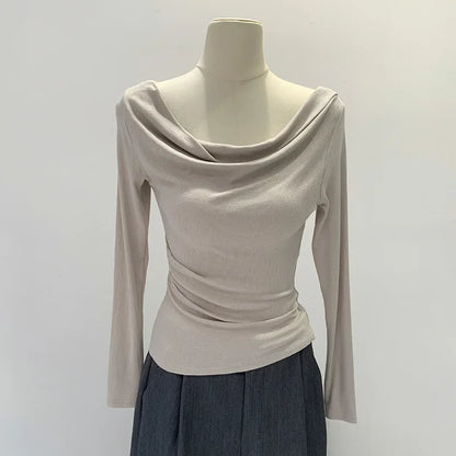 Off-The-Shoulder Long Sleeve T-Shirt Women's Early Autumn New Slimming Design Korean Style Sweet And Spicy Fashion Tops