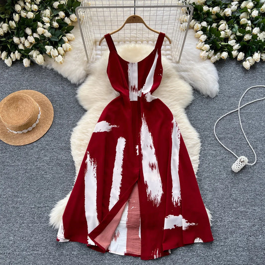 Neue Sommer Druck Süße Kleid Träger O Neck Backless Split Elegante Damen Urlaub Strand Party Midi Sommerkleid