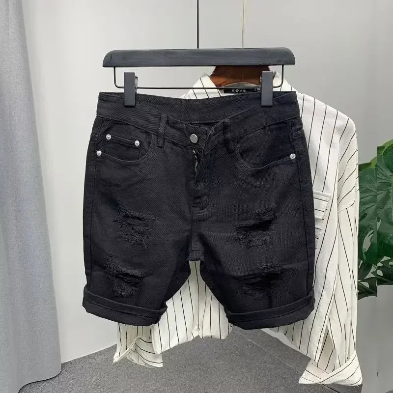 New Men's Denim Shorts Trendy Solid Color Ripped Slim Fit High Waist Elastic Waist Breathable Quick Dry Cotton Pants.