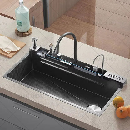 Heißer verkauf Edelstahl Wasserfall Küche Waschbecken Mit Messer Halter Digital Display Wasserhahn Set Geprägte Extra Große Einzigen Slot