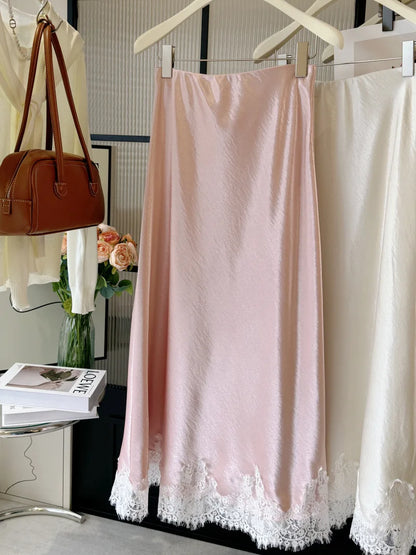 Satin Lace Patchwork Midi Skirt 2025 Women A-line Elegant Smooth Skirt Women Clothing.