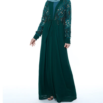 Ramadan Green Satin Sequin Abaya Damen Dubai Luxury Islam Women Muslim Dress Kebaya Kaftan Robe Musulmane Caftan Marocain Femme.