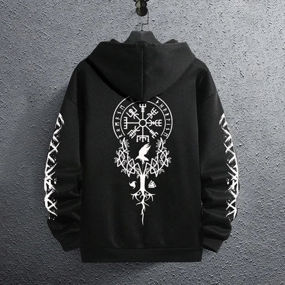 2025 Brand New Black Sweatshirts Autumn Winter Male Daily Casual Sporty Jogging Hoodie Men's Ancient Viking Raven Print Pullover