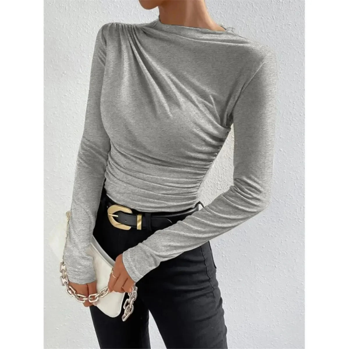 Slim Fit Long Sleeve Women's T-shirt Pure Color Design Pleated Detail Base Shirt Ladies Top Quality Material Comfortable Wear