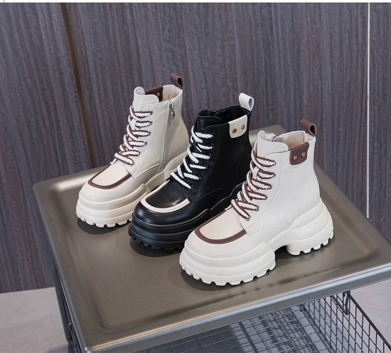 WOIZGIC Women Ladies Mother Genuine Leather Ankle Boots Shoes Lace Up Increase Inside British Style Autumn Winter Plush Fur Warm.