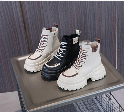 WOIZGIC Women Ladies Mother Genuine Leather Ankle Boots Shoes Lace Up Increase Inside British Style Autumn Winter Plush Fur Warm.