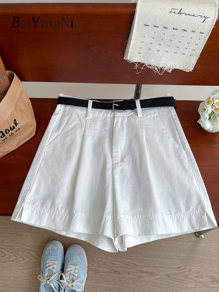 Beiyingni Korean Women High Waist Shorts With Belt Elegant Cotton Linen Casual Slim Female Shorts White Street Short Cargo Pants