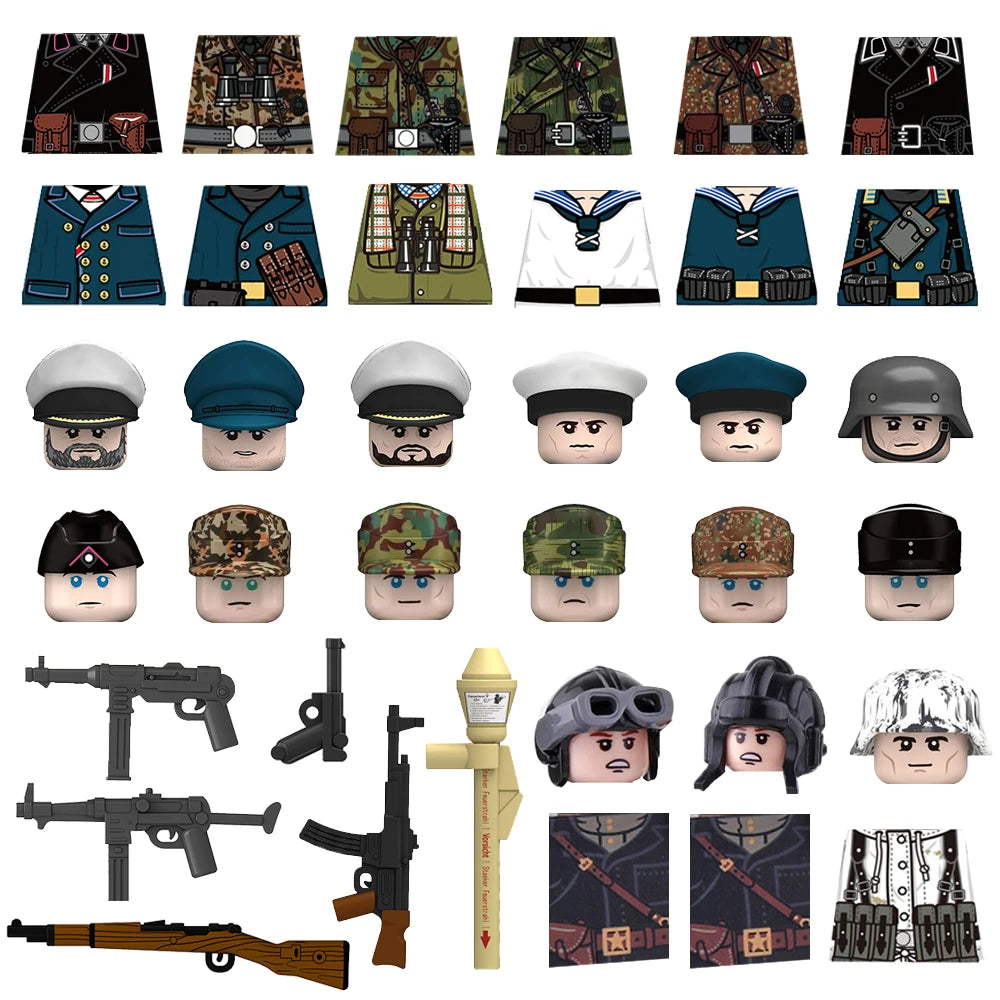 Military WWII Figure Building Blocks Accessories MP40 Rocket Launcher MG42 Officer Army Camouflage Soldier Pzf 98K Toy Gift N029.