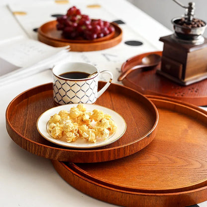 Tea Tray Round Wooden Serving Tray Large Snack Fruit Plate Food Serving Platter Breakfast Coffee Tea Plate Wood Dishes Tableware.