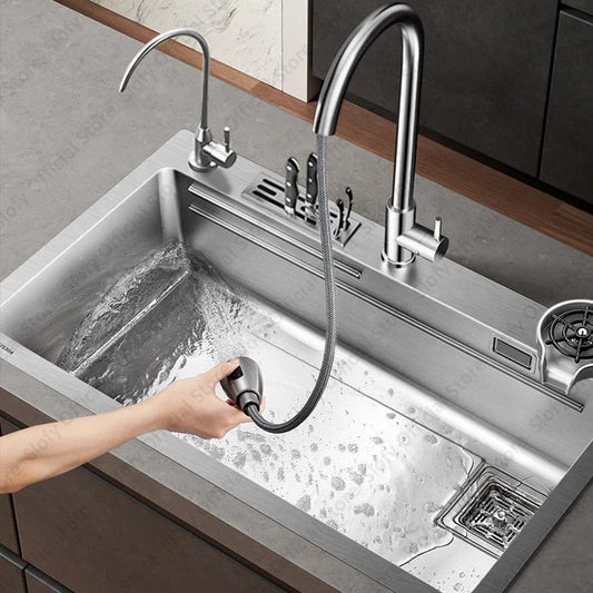 Küchenspüle aus Edelstahl 304, großes Fassungsvermögen, Wasch-/Schnitt-/Abfluss in einem, komplettes Set, multifunktionale Gemüse-Arbeitsstation für den Haushalt