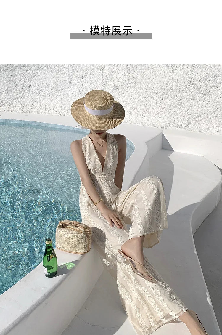 Women Beige Elegant Backless Pleated Lace Jumpsuit Summer V Neck Sleeveless High Waist Wide Leg Long Pant Rompers Sexy Club Chic.