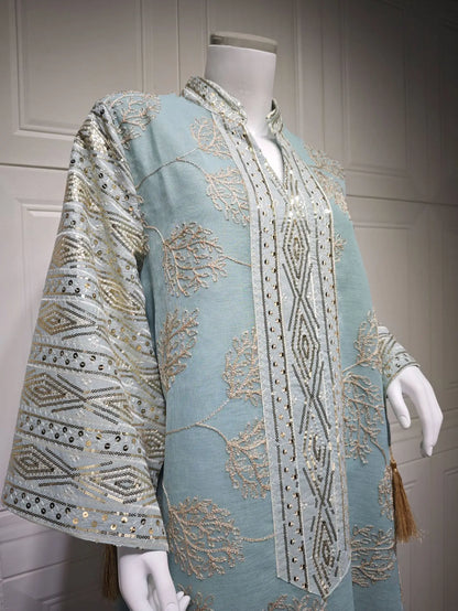 Muslim Women's Light Blue Islamic Embroidered Abaya with Gold Detailing Ideal for Formal Events in Middle East like UAE Saudi