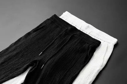 Summer Ultra-thin Five-piece Ice Silk Linen Suit Men's Cotton Linen 2-piece Set Loose-fit Mid-sleeve T-shirt Sports Wear.