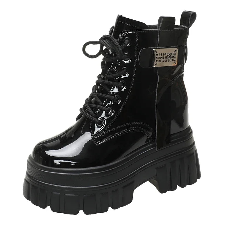 Women's High Platform Motorcycles Boots Winter 10CM Wedge Heels Warm Ankle Boots Chunky Sneakers New Autumn Leather Shoes Woman