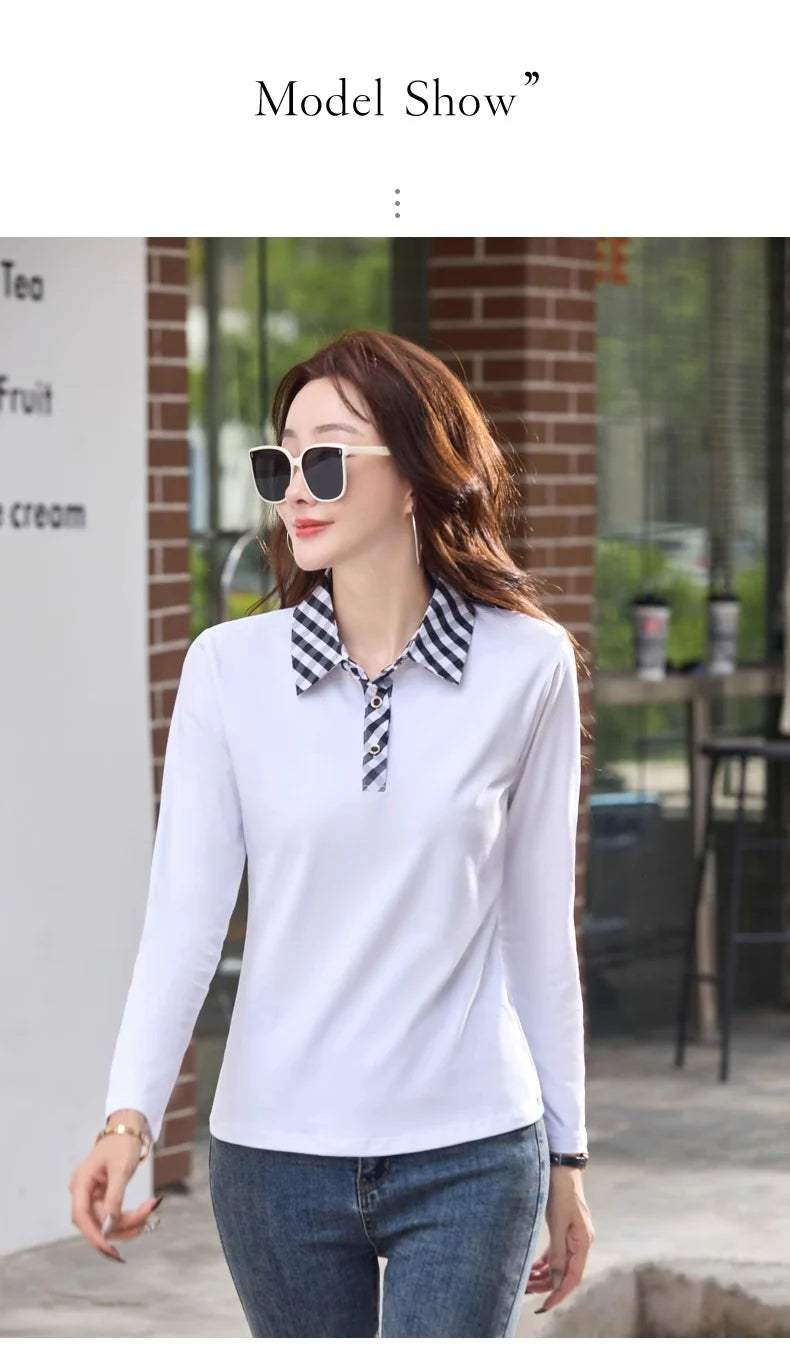 European station lapel long sleeved t-shirt women's new high-end fashion light luxury casual plus size spring and autumn top.