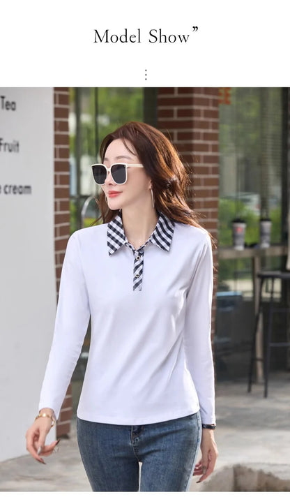 European station lapel long sleeved t-shirt women's new high-end fashion light luxury casual plus size spring and autumn top.