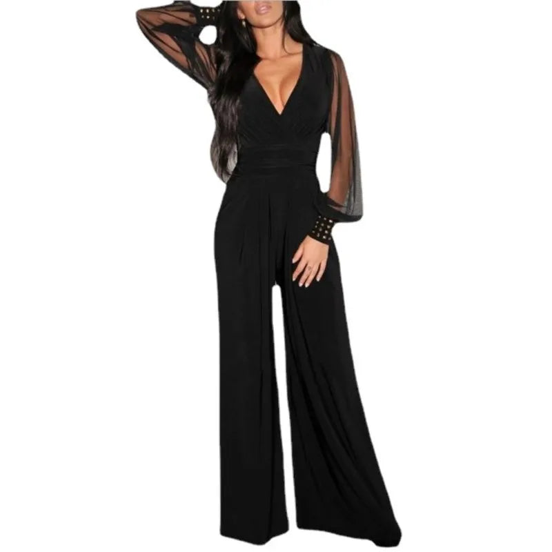 Autumn New Women's Jumpsuit Black V-neck Mesh Splicing Wide-leg Pant Female One-piece Jumpsuit Sexy Streetwear Clothes.
