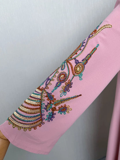 New Dubai Luxury Navy Blue Muslim Abaya Colorful Intricate Embroidery on Neckline Sleeves for Middle Eastern Weddings End Iftar.