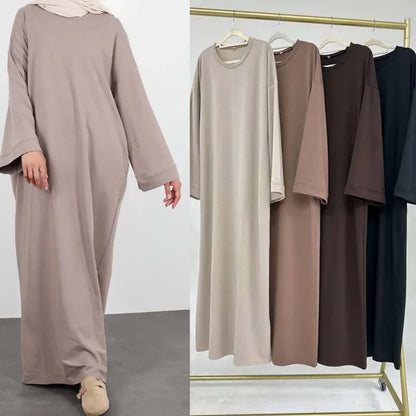 2024 New Modest Dress Solid Color Inner Dresses Muslim Women Dubai Abaya Eid Ramadan Islam Clothing Turkey Arabic Robe.
