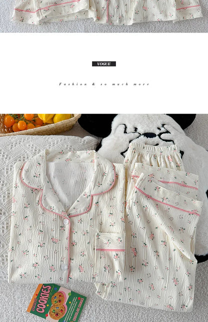Sweet Little Floral Pajamas Women's Spring and Autumn Long Sleeves New High-Value Niche Pajamas Loungewear Wrinkle Cloth Set.