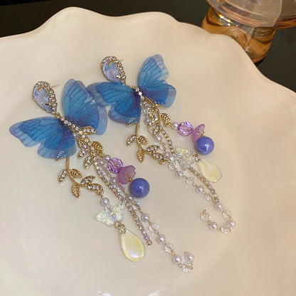 Pink Butterfly Earrings With Long Tassel Sparkly Zircon Crystal Imitation Pearl Beads Earrings Light Luxury Party Ear Jewelry