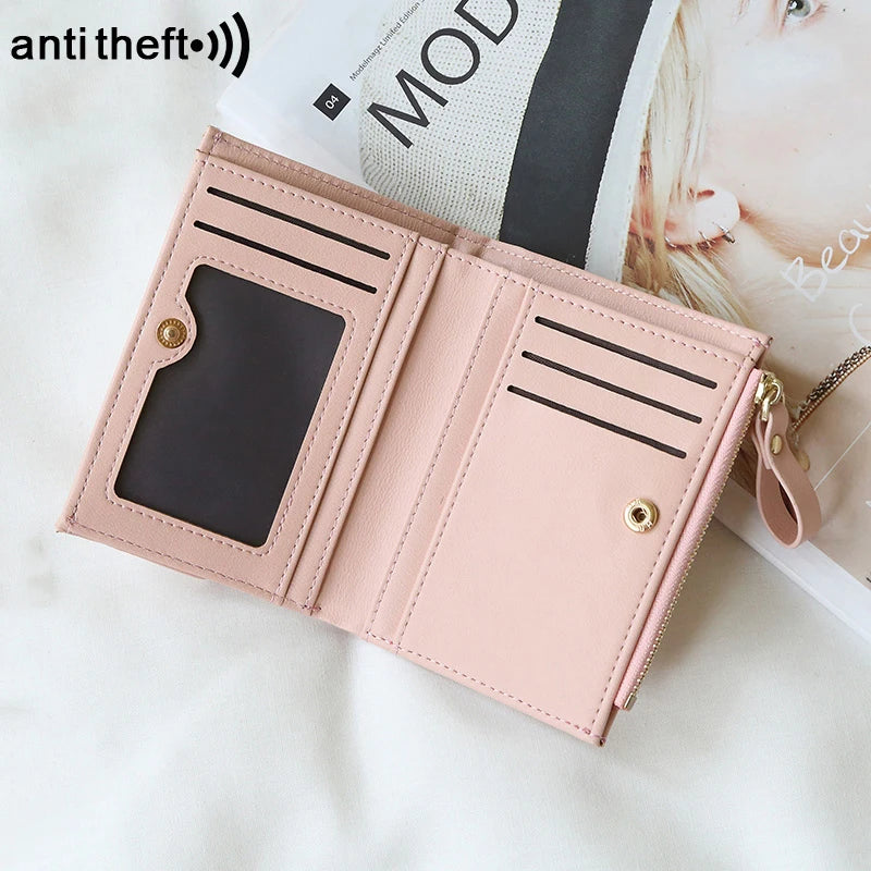 RFID Anti-Theft Short Card Bag for Women, Brush, PU, Solid Color, Zipper Buckle, Multi-functional Fashion, Small Purse.