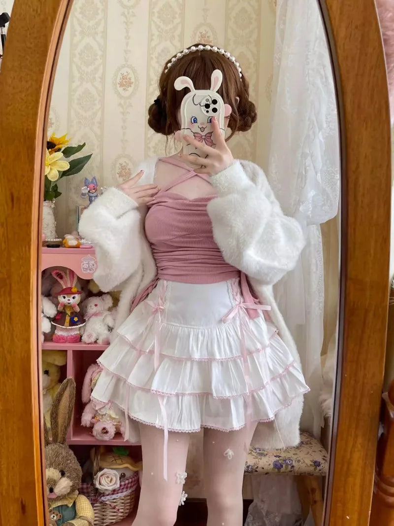 Japanese Kawaii Lolita Style Pleated Skirts Women High Waist Pink Bandage Fairy Y2k Aesthetic Skirt Cute Faldas Mujer Moda 2024