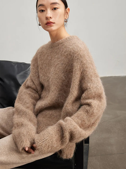 SuyaDream Warm Alpaca Pullovers for Woman, Dropped Sleeved Loose Sweaters, 2025 Fall Winter Top, Camel, Beige.