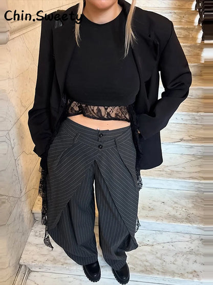 Chic Zwei Tasten Gestreiften Gefaltete Hosen Frauen Lose Taschen Breite Bein Hosen Weibliche 2026 Frühling Dame Pendeln Alle-spiel hose Neue