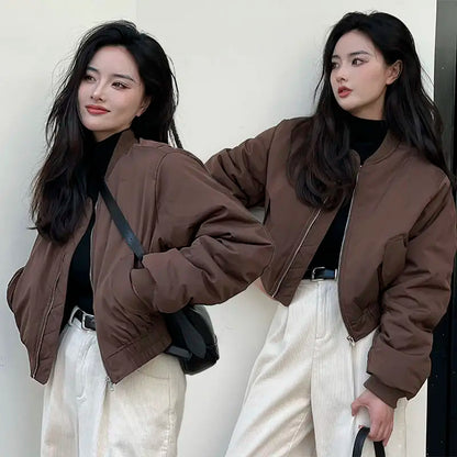 Damen-Bomberjacken, locker, einfarbig, kurz, Winter, braun, für Damen, Baseball-Fliegermäntel, günstige Angebote, neue Produkte, hübscher, schicker Luxus