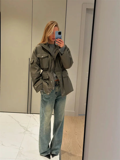 Damenjacken Vintage-Revers-Reißverschluss, große Taschen, Reißverschluss, volle Ärmel, Mäntel, Dame, 2025, modische neue Damen-Winterjacken, Oberbekleidung