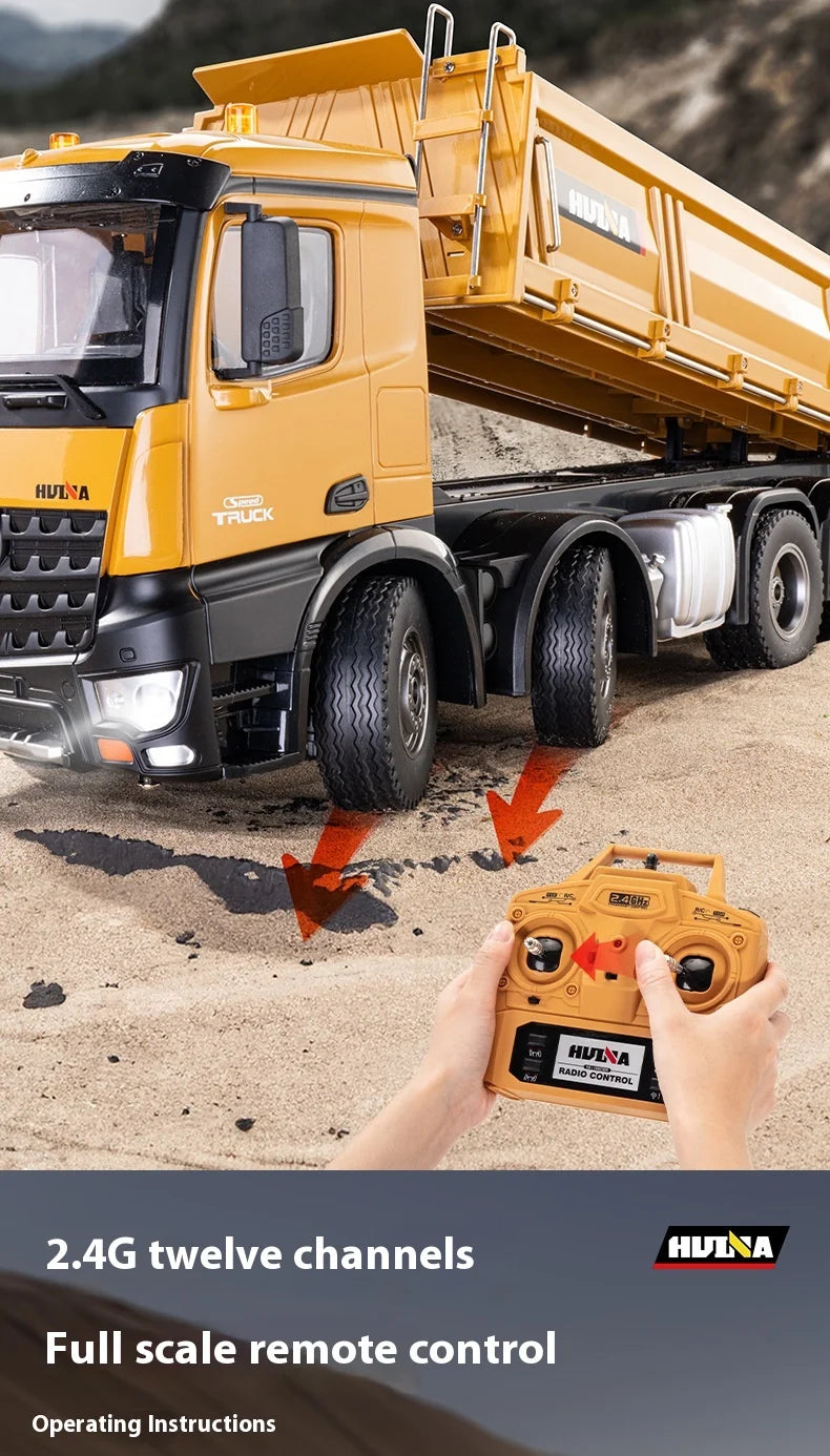 Huina Large 50Cm Rc Dump Truck 1536 12Ch 1/14 Alloy Remote Control Engineering 8Wheel Heavy-Duty Dump Truck Cargo Model Boy Gift.