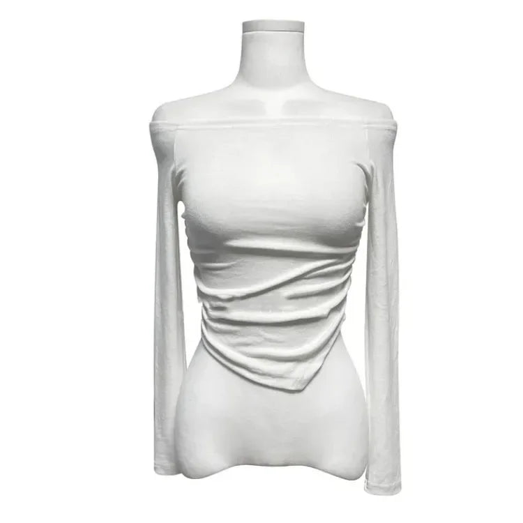 Korean Dongdaemun Fashionable Women's Clothing Off-the-shoulder Sexy Slimming Long Sleeve T-shirt Cropped Top Smooth Silhouette.