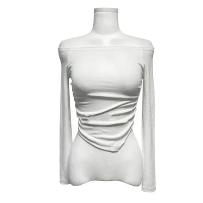 Korean Dongdaemun Fashionable Women's Clothing Off-the-shoulder Sexy Slimming Long Sleeve T-shirt Cropped Top Smooth Silhouette.