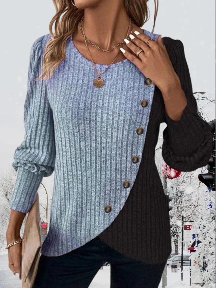 Herbst Langarm Tasten Pit Gestreiften Frauen Pullover Kontrast Farbe Lange Hülse O-ansatz Pullover Lose Einfache Gestrickte Kleidung