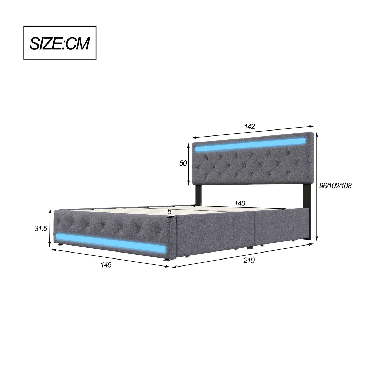 Rosahqnda Polsterbett 140 x 200 cm, mit USB-Anschluss und LED-Beleuchtung, 4 Schubladen, Doppelbett mit Stauraum, Leinen, Dunkelgrau
