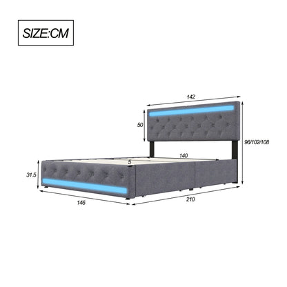 Rosahqnda Polsterbett 140 x 200 cm, mit USB-Anschluss und LED-Beleuchtung, 4 Schubladen, Doppelbett mit Stauraum, Leinen, Dunkelgrau