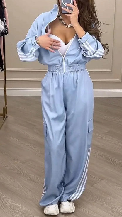 Sports Trousers Loose White Casual Women's Set Fashion Zipper High-waisted Hoodie + Wide-leg Overalls 2-piece Sweatshirt Suit.