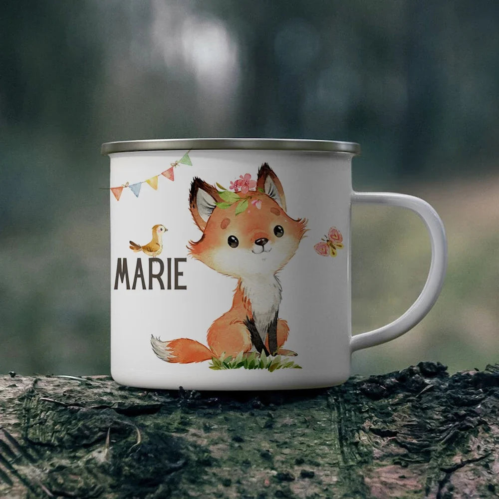 personalized name forest animals fox girl Gift Enamel Mug daughter Birthday Gift Milk Cup Modern printed enamel mug.
